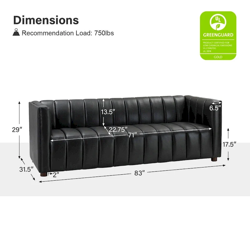 Modern Camel 83-Inch Genuine Leather Curved Couch with Channel Back