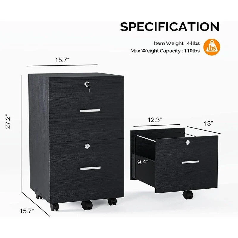 2-Drawer Rolling Wood File Cabinet with Lock