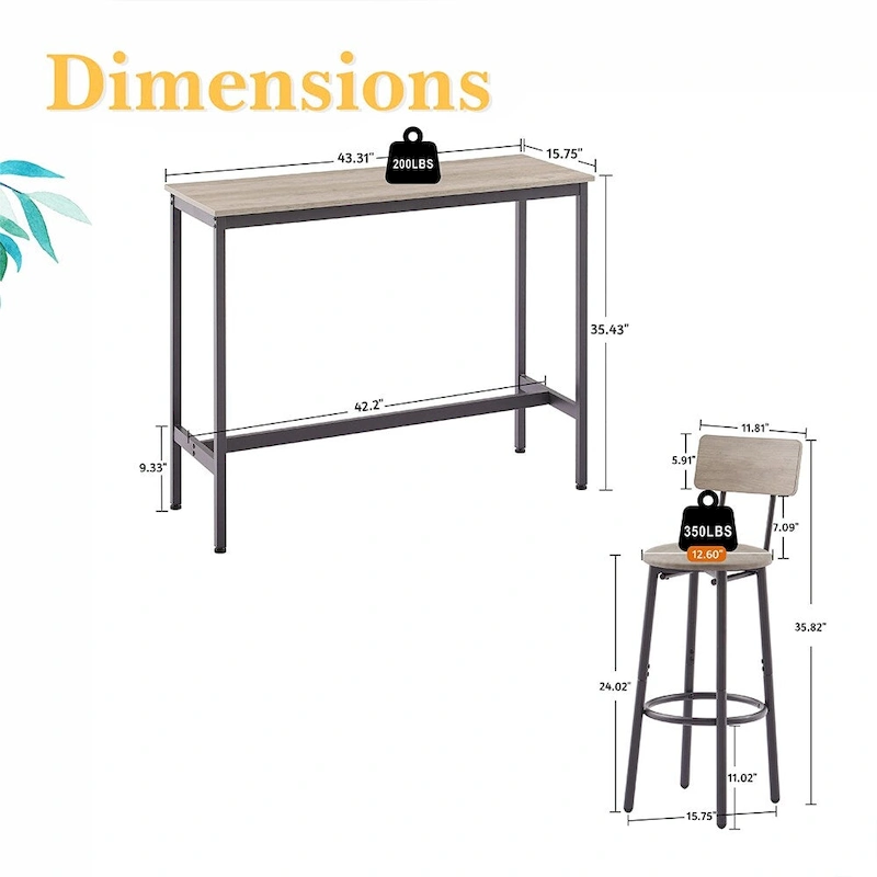 3-Piece Bistro Set, Dining Table and Upholstered Stools w/ Backrest