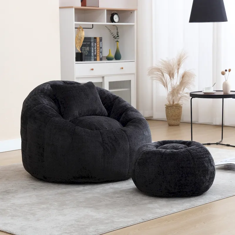 HOMEFUN Chenille Upholstered Round Lazy Cozy Bean Bag Chair with Ottoman and a Pillow