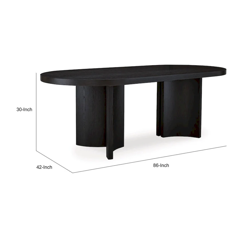 86 Inch Dining Table, Oval Top, Pedestal Base, Curved, Black Finish