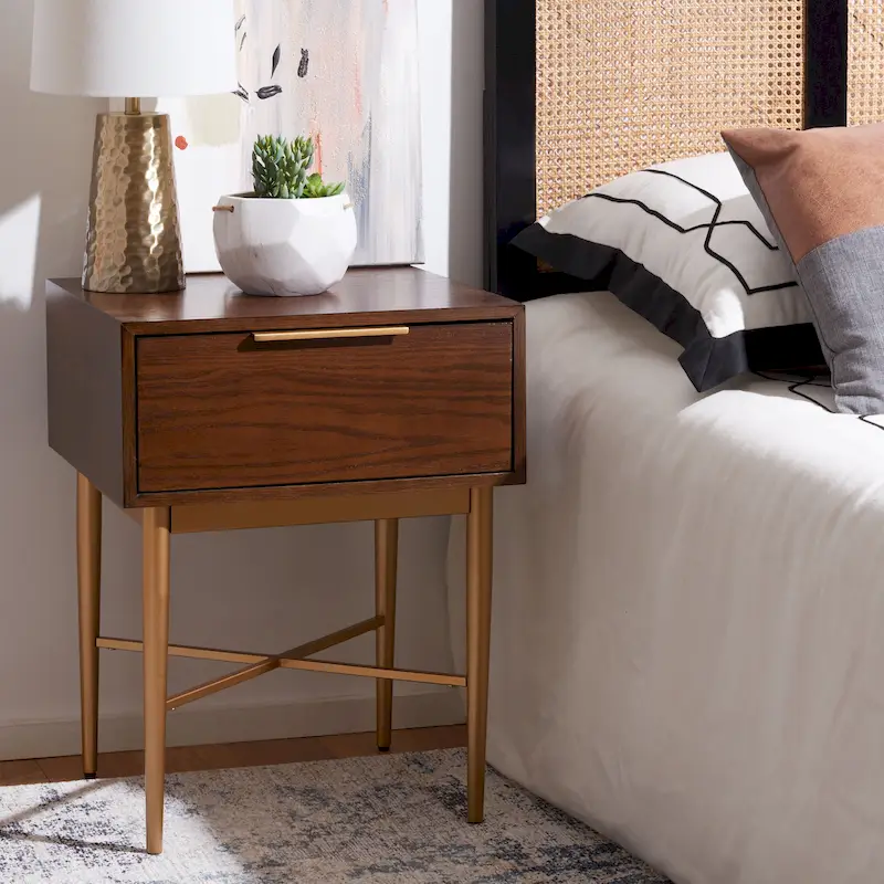 1-Drawer Nightstand, Walnut/Gold & White Washed/Gold, Crossed-Base Style, Single