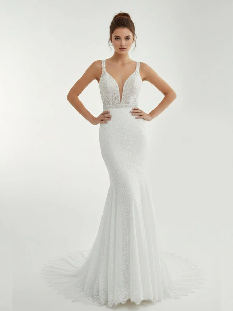 Mermaid White V Neck Illusion Wedding Dress