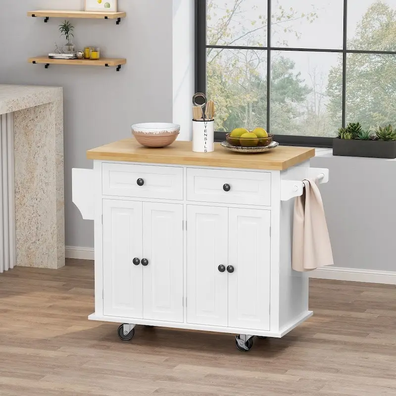 Kitchen Island Cart with Two Storage Cabinets and Two Locking Wheels