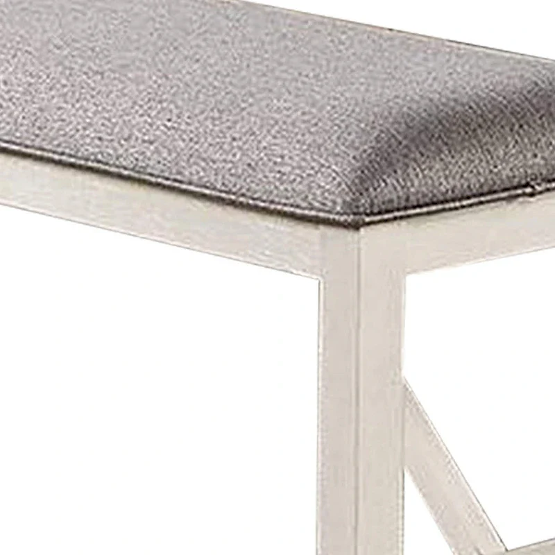 50 Inch Dining Bench, Fabric Padded Seat, Rubberwood, Gray and White