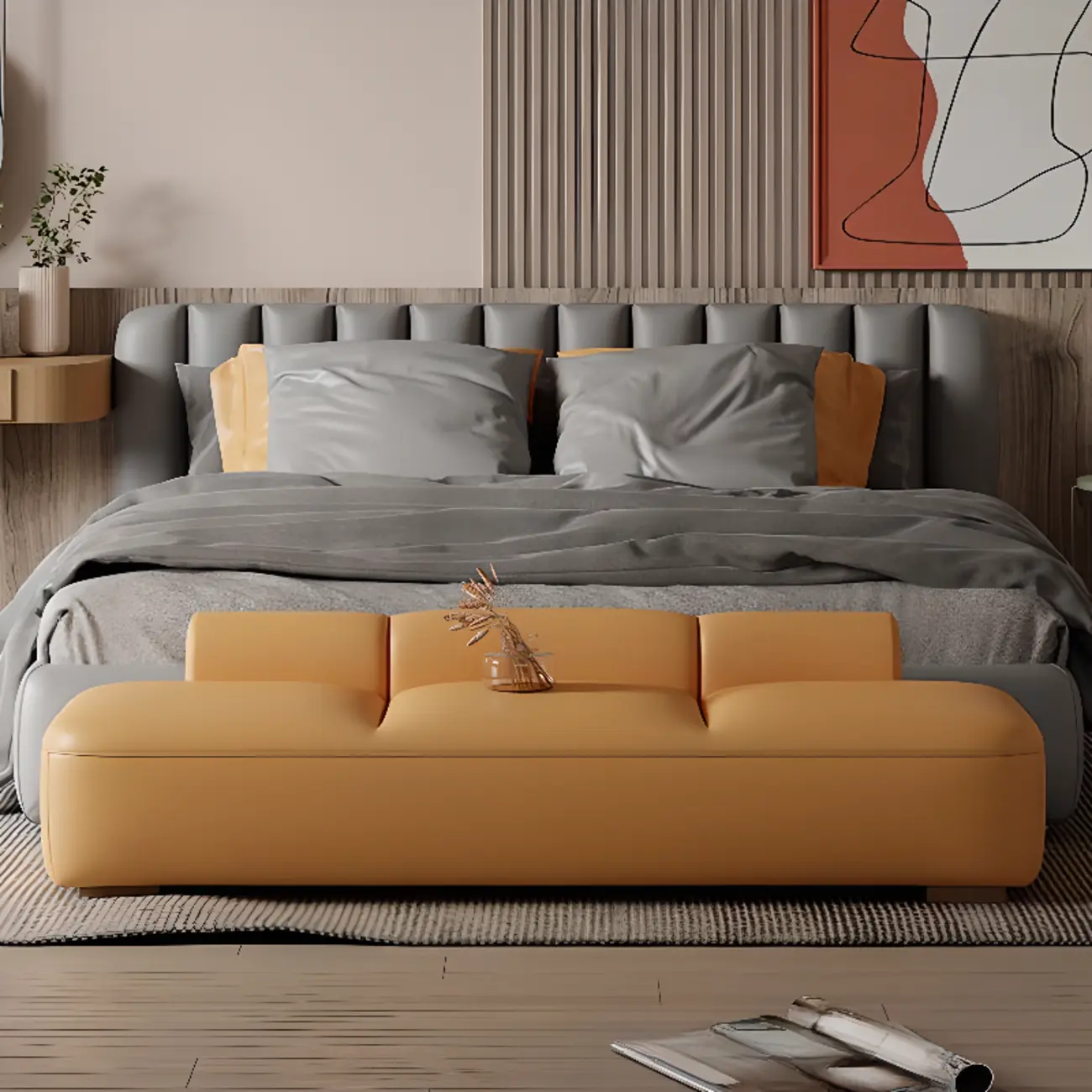 Modern Upholstered Leather Tufted Long Bedroom Bench