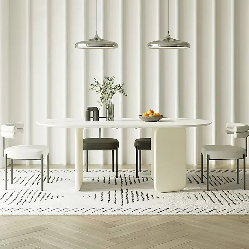 Modern Cream Faux Marble Oval Dining Table with Unique 3-Leg Base