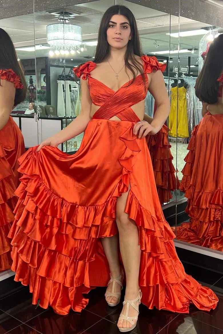 Red Cutout Ruffle A-Line Long Prom Dress with Slit