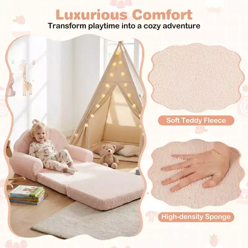 Costway Fold-out Kids Sofa 2-in-1 Convertible Toddler Couch & Lounger with Non-slip Base Beige/Green/Pink