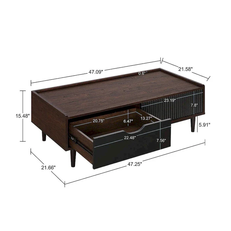 Modern Ribbed Coffee Table with Drawer and Shelf