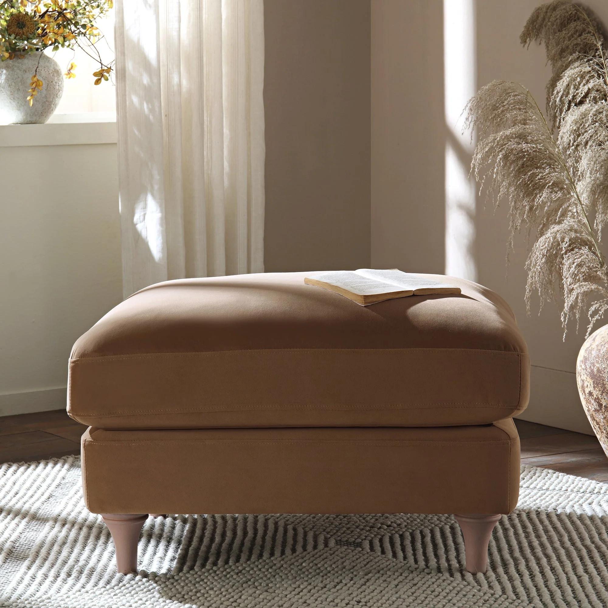 Camel Velvet Sofa, Footstool