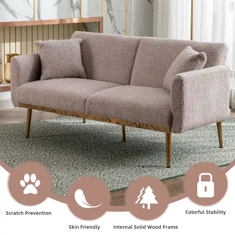 Teddy Fabric Upholstered Tufted Loveseats Sleeper Sofa With Rose Golden Legs