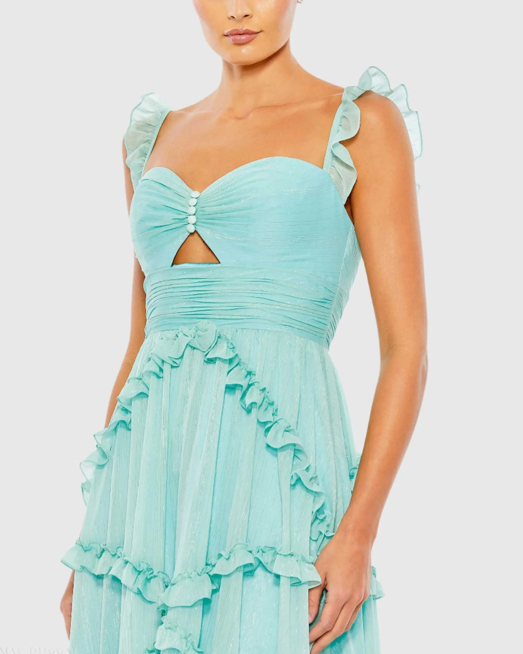 Blue Ruffle Tiered Sleeveless Flowy A Line Gown