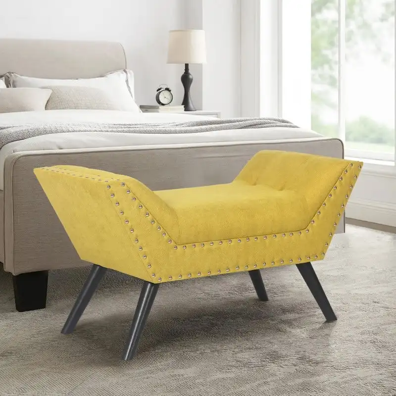 Yellow Fabric Ottoman Bench with Silver Nailhead Trim & Wood Legs, Single