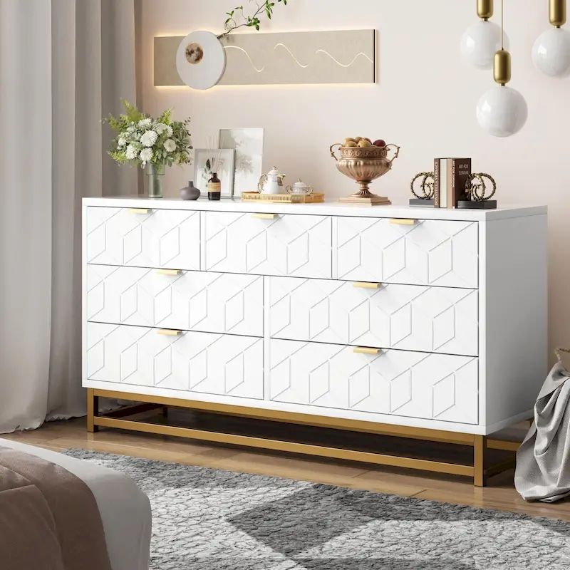 White / Black 6-Drawer Dresser with Gold Metal Legs, Single