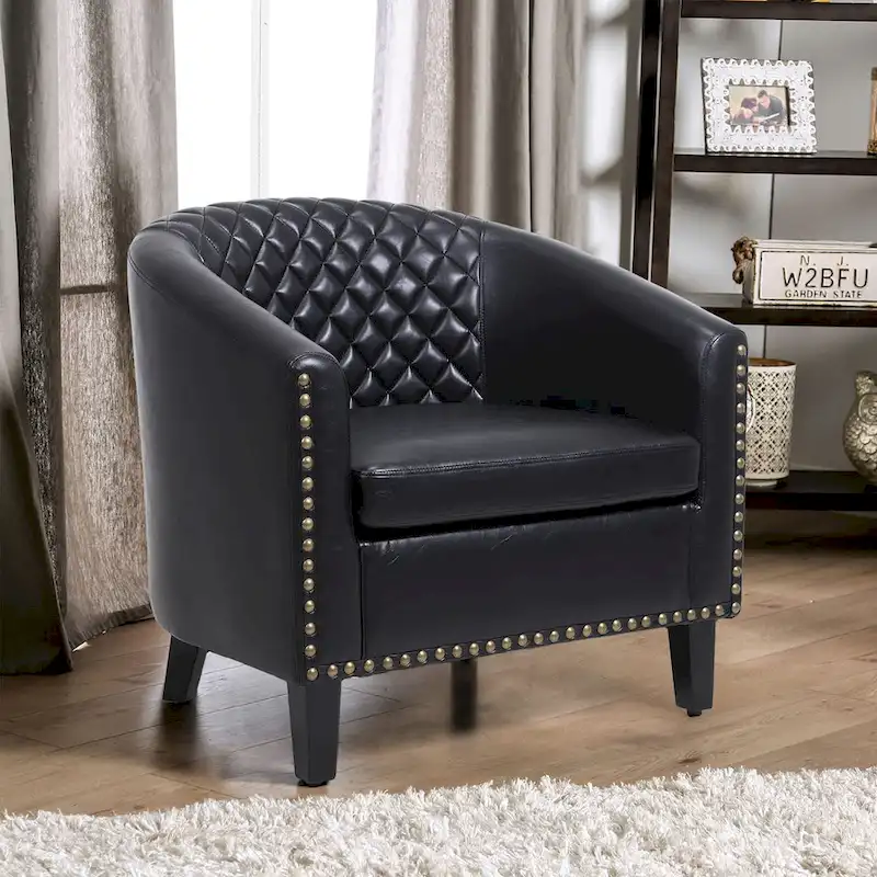 Barrel Accent Chair, Nailhead Trim, Solid Wood Legs, 1-Seat | Black / White / Navy / Coffee / Orange / Brown / Red