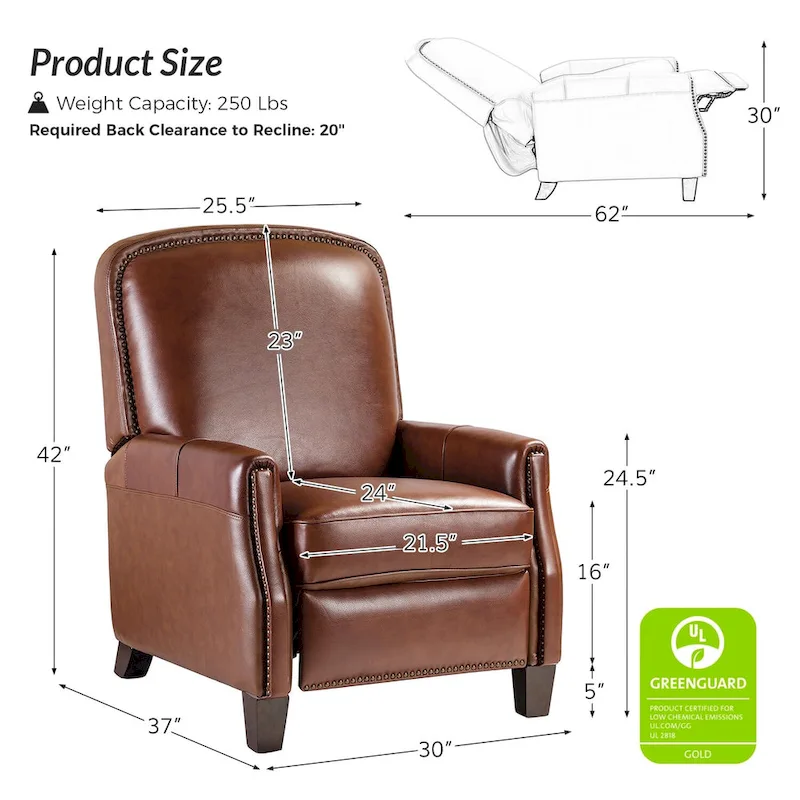 Modern Retro Genuine Leather Recliner with Nailhead Trim & Wooden Frame