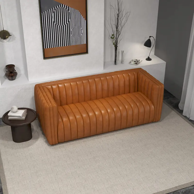 Rasam Mid Century Modern Luxury Tight Back Geniune Leather Couch in Cognac Tan