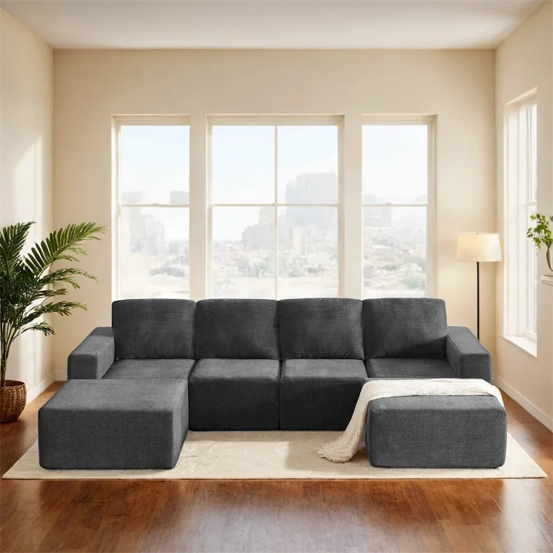 Dark Gray / Beige / Navy U-Shaped Modular Sectional Sofa, Chenille, 4-6 Seater