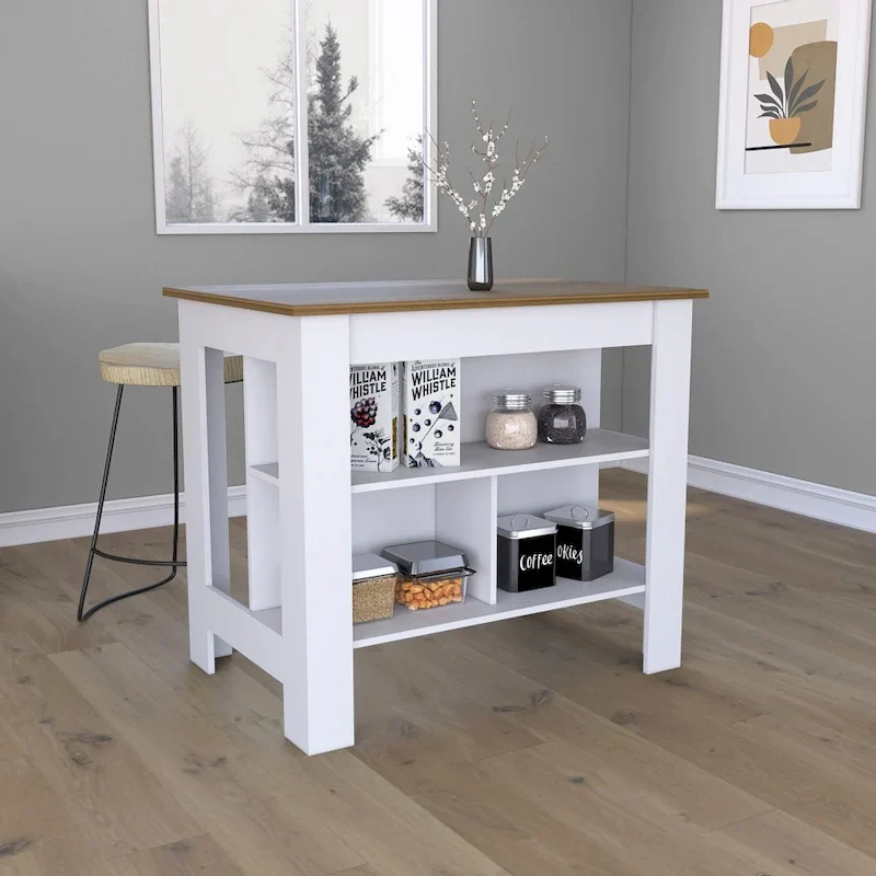White / Brown / Black Wood Kitchen Island with 3 Shelves, Seats 1
