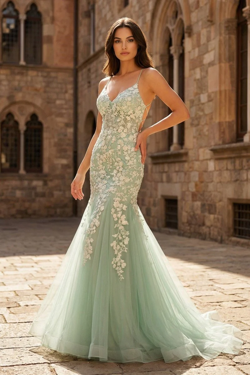 Sage Green Spaghetti Straps Mermaid Prom Dress With Appliques