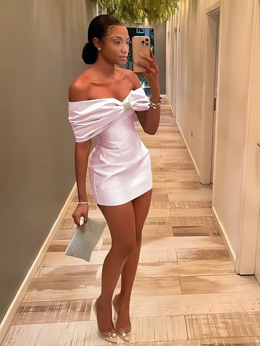 Pink - Off The Shoulder Satin Bodycon Short Homecoming Dress With Beading