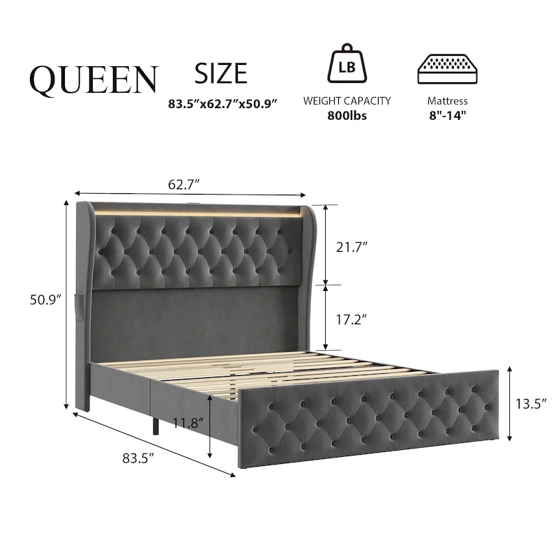 Velvet Upholstered Bed Frame with Wingback Headboard