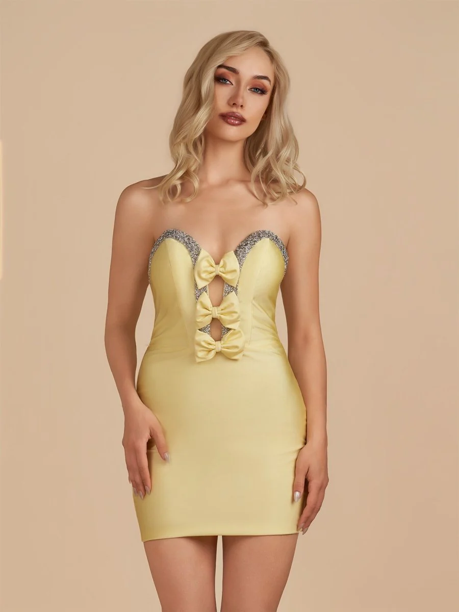 Yellow - Bodycon Strapless Cut Out Satin Beaded Homecoming Dress With Bows