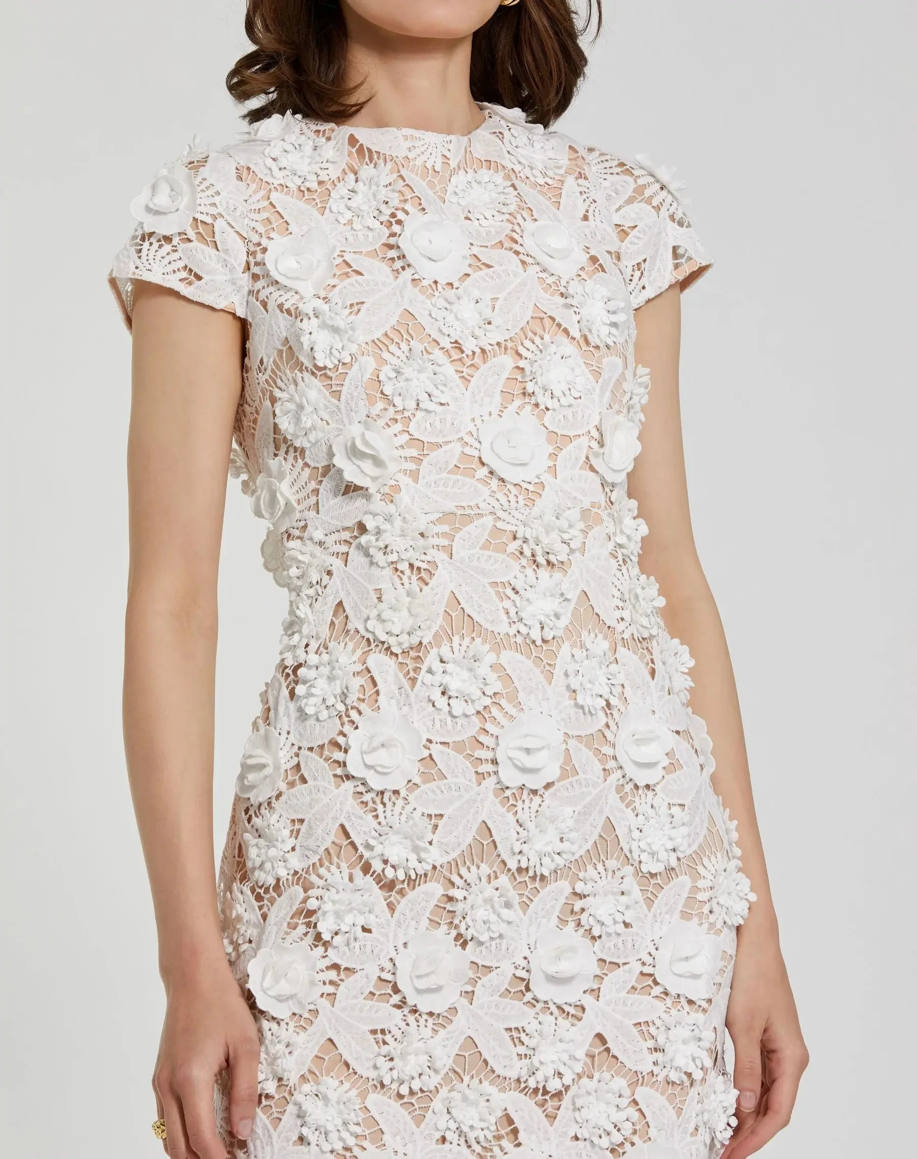 White and Beige Floral Lace Fitted Short Sleeve Midi Dress