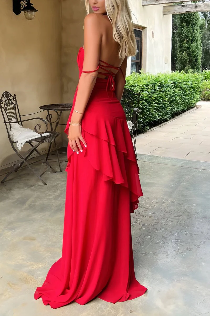 Red - Sheath Spaghetti Straps Chiffon Long Prom Dresses with Ruffles