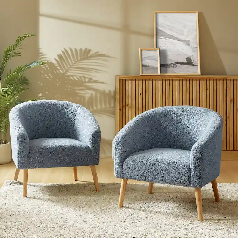 Modern Boucle Armchair with Solid Wood Legs, Set of 2