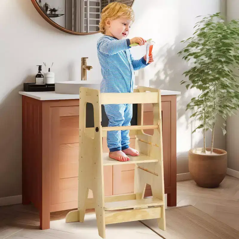 Wooden Kids Kitchen Step Stool with Blackboard & Safety Rails | Adjustable Montessori Learning Helper for Toddlers, Bathroom & Kitchen Use, Natural