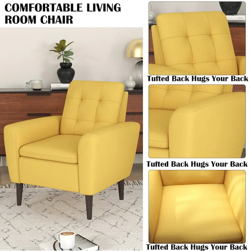 Button Tufted Fabric Accent Chair Armchair with Solid Sagwan Wooden Frame