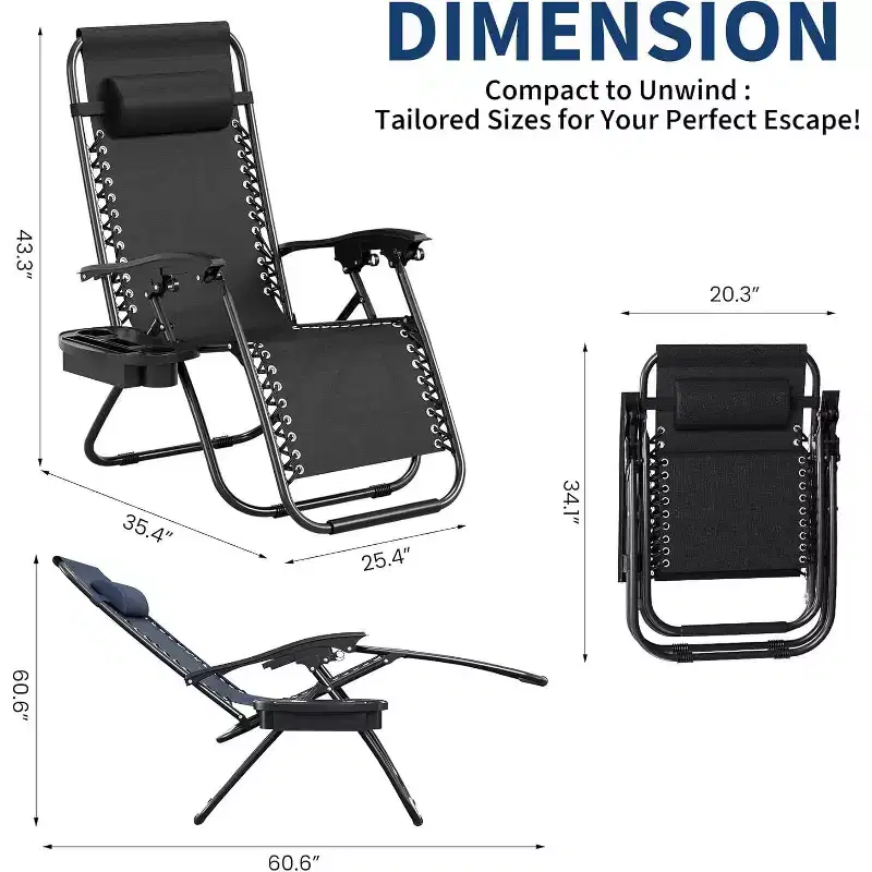 CuisinSmart Zero-Gravity Chairs Set of 2. Adjustable Reclining Patio Chairs with Pillow&Cup Holder Tray. Folding Portable Antigravity Chairs