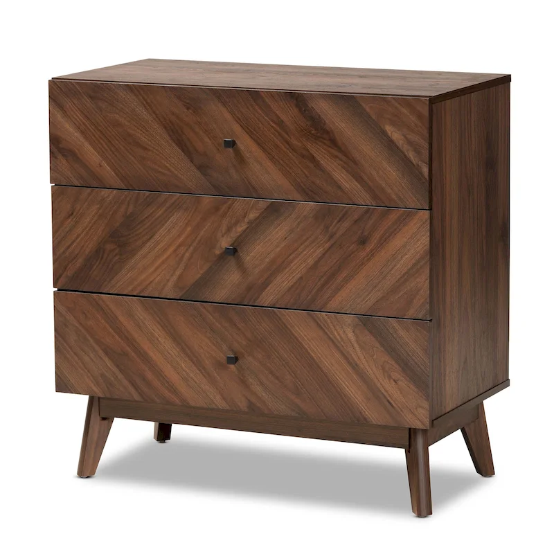 Mid-Century Modern Walnut Finished Wood 3-Drawer Storage Chest
