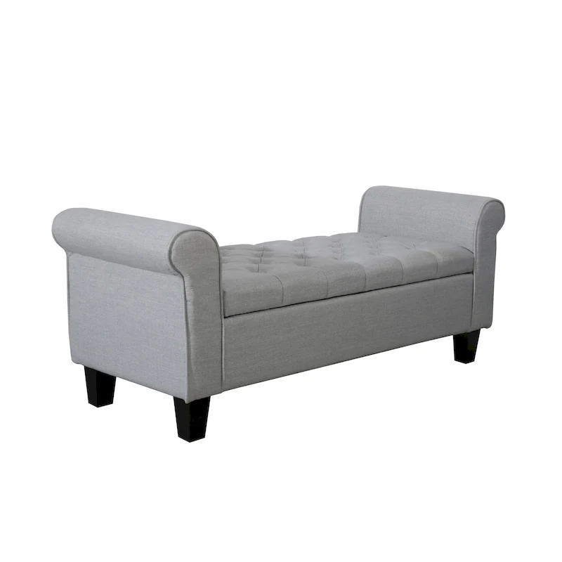 Grey / Dark Grey / Beige Fabric Button-Tufted Storage Bench with Rolled Armrests, Single Seat