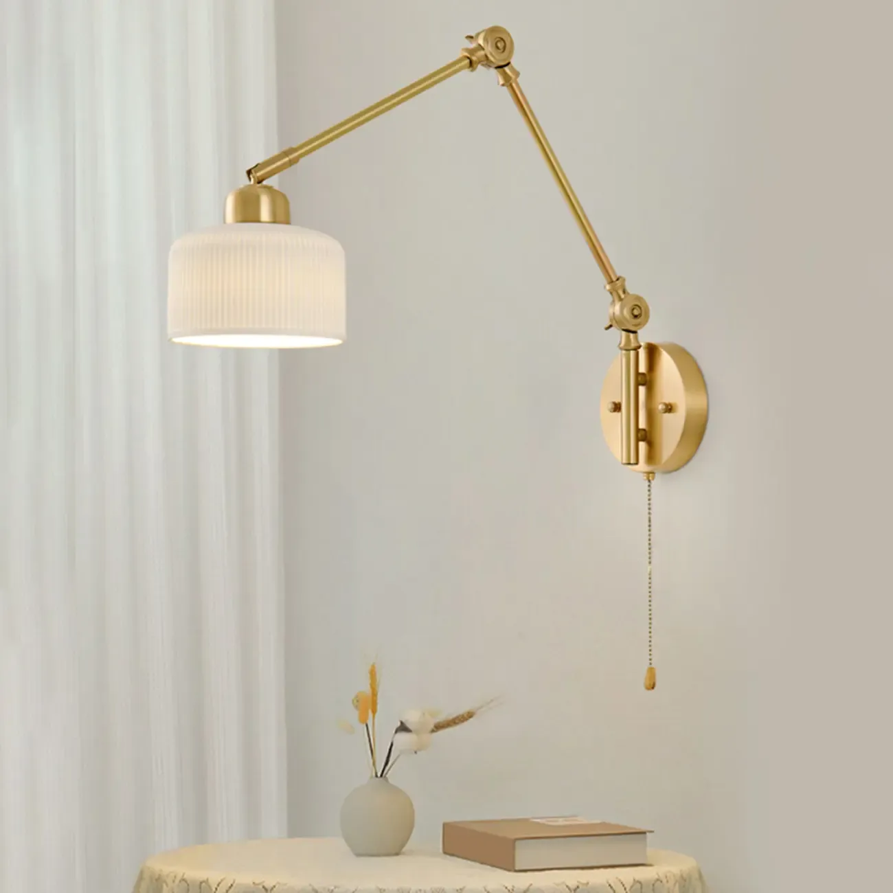 Vintage Cylinder Gold Swing Arm Wall Light for Bedroom
