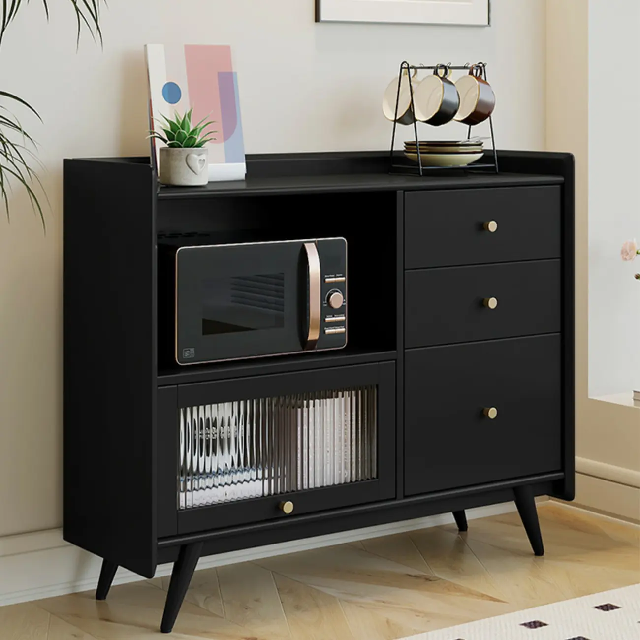Modern Black Espresso Sideboard with Cabinets & Drawers