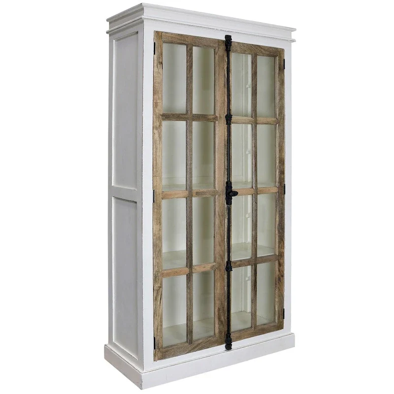 Solid Mango Wood Clear Tempered Glass Window Pane Curio Cabinet