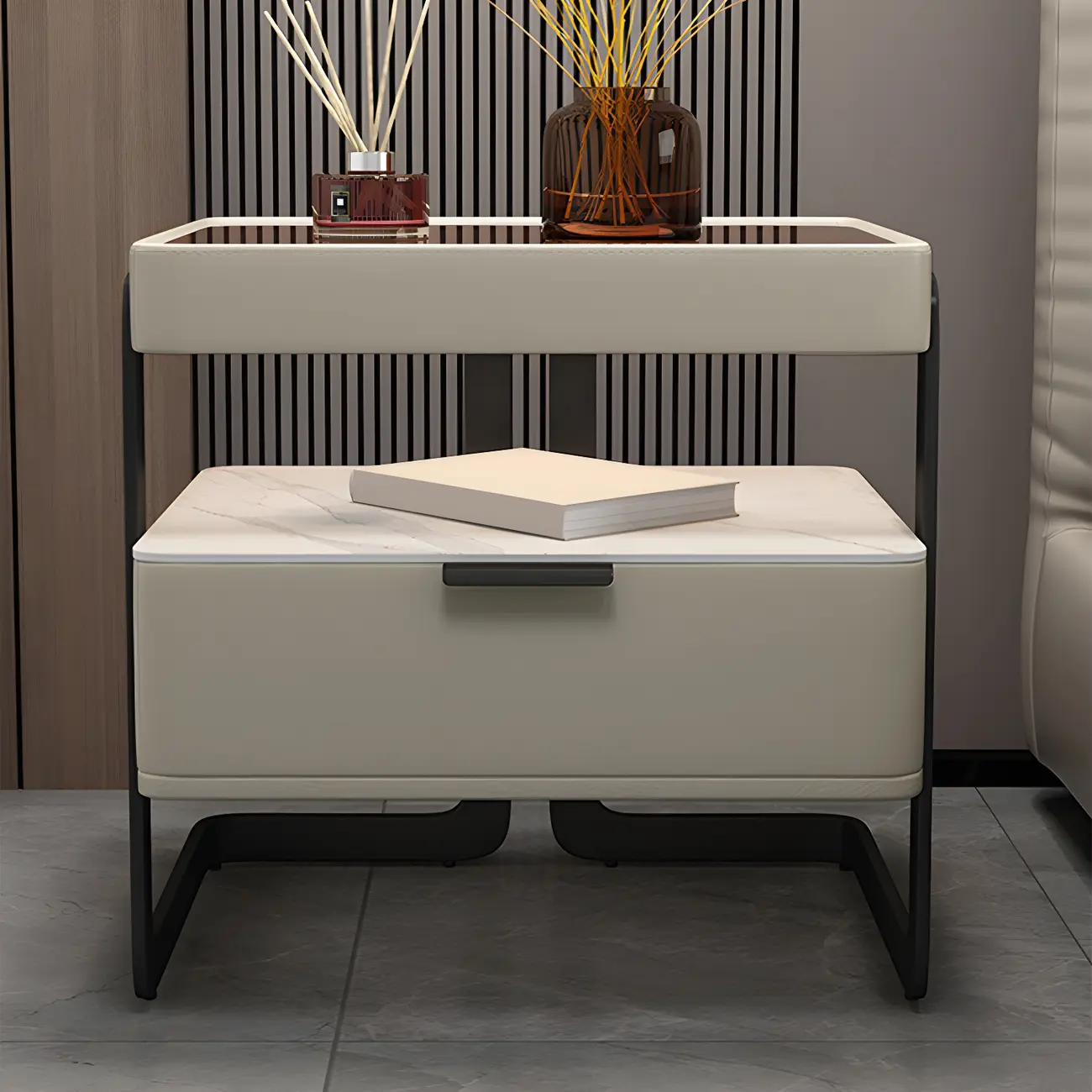 Modern Wood Nightstand with Glass Countertop and Drawer