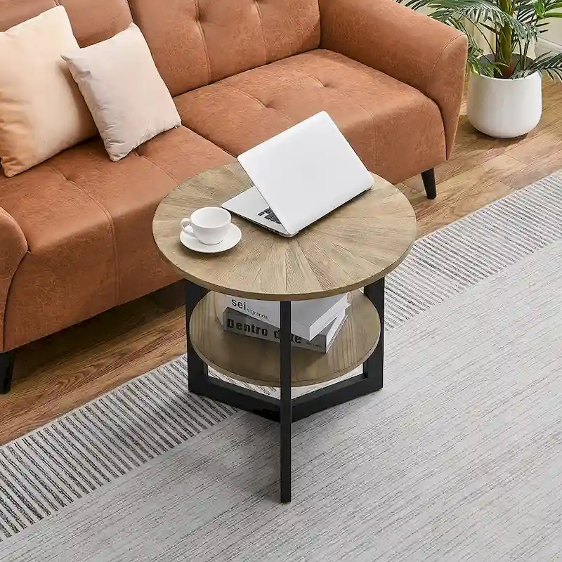 Black / Brown / Beige Round End Table with 2-Tier Storage Shelf – Single