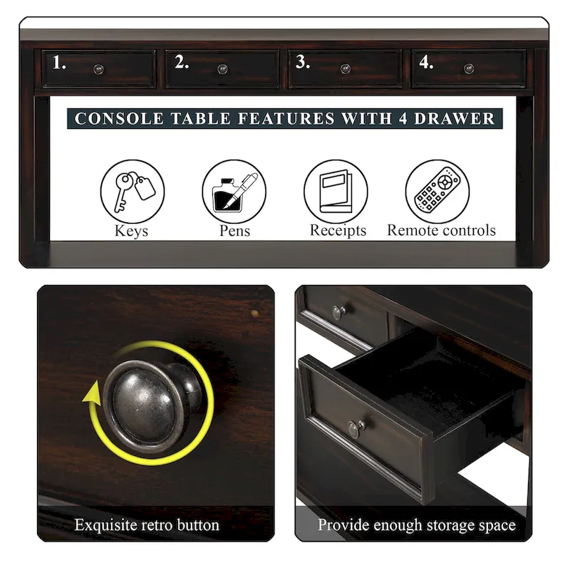 63 Pine Wood Console Table with 4 Drawers and 1 Bottom Shelf