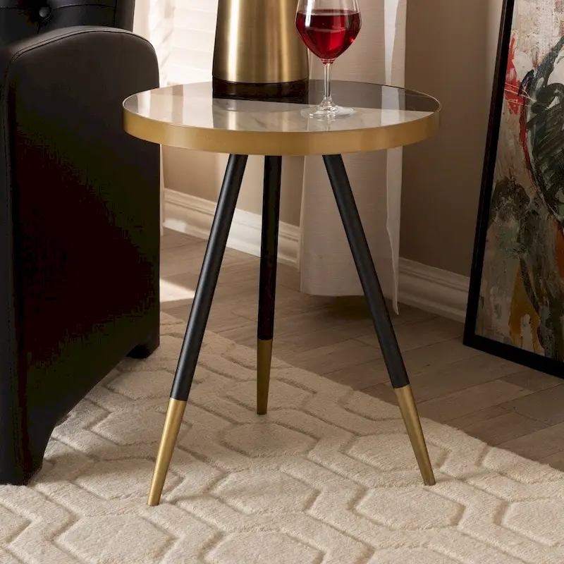 Modern Round End Table – Marble Brown Top, Black & Gold Iron Frame (21.7