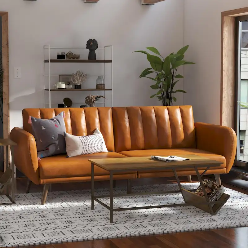 Camel / Black Faux Leather Convertible Futon Sofa, 2-Seater / Sleeper