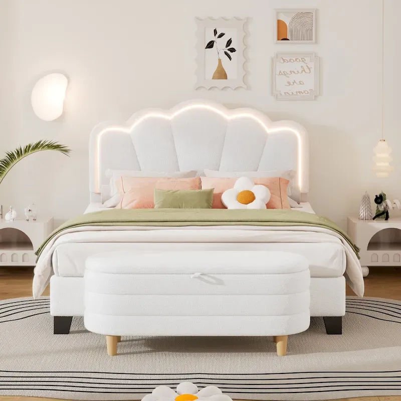 2-Pieces Bedroom Sets Full/Twin Size Flower-Shaped Upholstered LED Platform Bed with Storage Ottoman-Sherpa Fabric