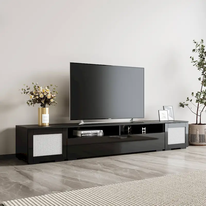 TV Stand with LED Lights and Push-Open Doors - Black, 82.6