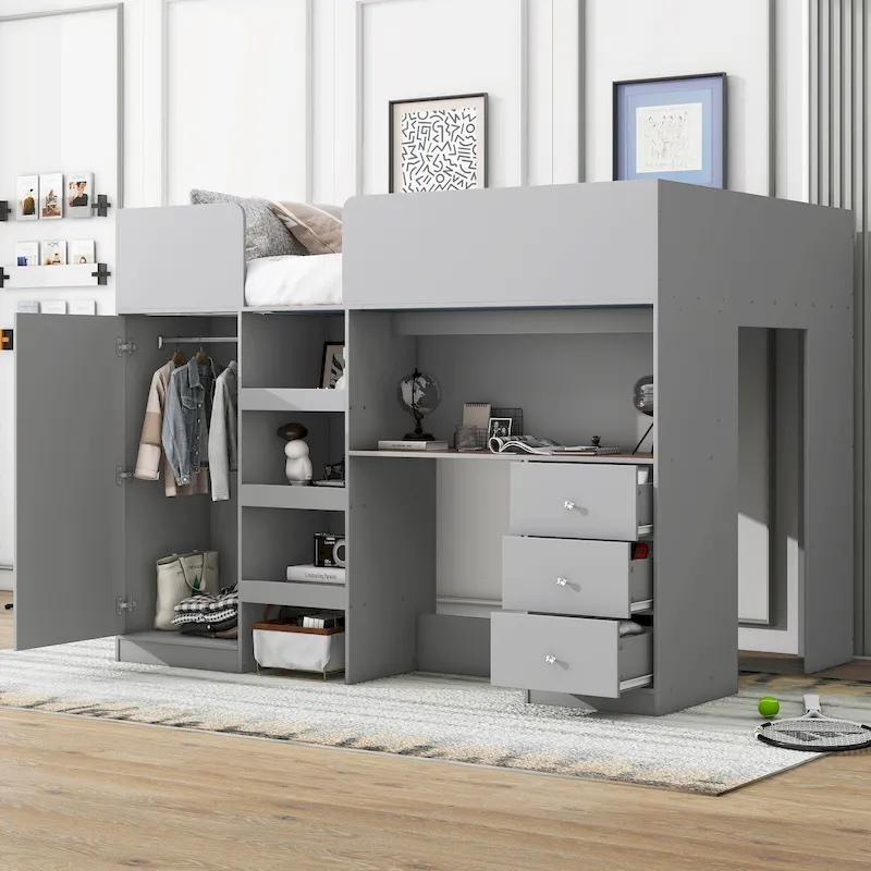 Grey Full Size Solid Wood Loft Bed with Built-in Wardrobe, Desk, and Shelves