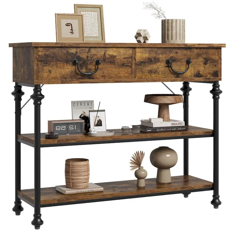 Brown / Grey Narrow Console Table with Drawer & Shelves, Vintage Style