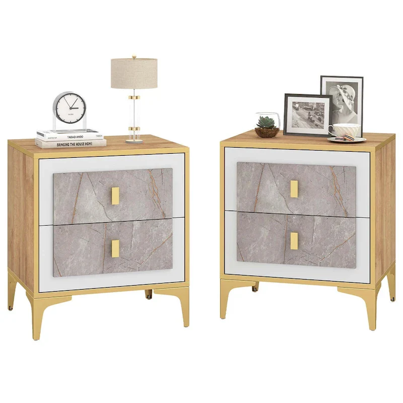 Nightstand with Faux Marble Surface & Storage Drawer - Modern Bedside Table