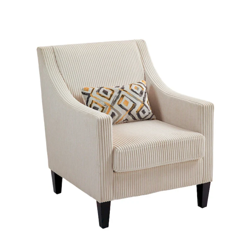Beige Upholstered Accent Arm Chair with Scooped Arms and Rubber Wood Legs